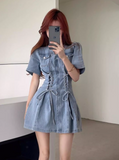New Fashion Blue Design A-line V-neck Short Sleeves Denim Dress HZ1024