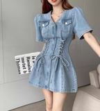 New Fashion Blue Design A-line V-neck Short Sleeves Denim Dress HZ1024