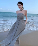 New Fashion Black & White Striped Design A-line Beach Holiday Strapless Dress HZ1024