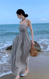 New Fashion Black & White Striped Design A-line Beach Holiday Strapless Dress HZ1024