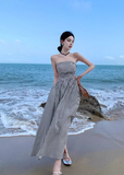 New Fashion Black & White Striped Design A-line Beach Holiday Strapless Dress HZ1024
