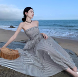 New Fashion Black & White Striped Design A-line Beach Holiday Strapless Dress HZ1024