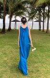 New Fashion Navy Blue Sleeveless Design A-line Beach Holiday Halter Dress HZ1024