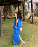 New Fashion Navy Blue Sleeveless Design A-line Beach Holiday Halter Dress HZ1024