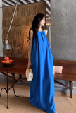 New Fashion Navy Blue Sleeveless Design A-line Beach Holiday Halter Dress HZ1024