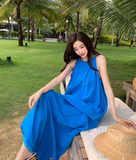 New Fashion Navy Blue Sleeveless Design A-line Beach Holiday Halter Dress HZ1024