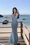 Simple Fashion Light Blue 3D Flowers Design A-line Beach Holiday Halter Dress HZ1024