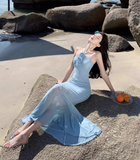 Simple Fashion Light Blue 3D Flowers Design A-line Beach Holiday Halter Dress HZ1024