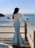 Simple Fashion Light Blue 3D Flowers Design A-line Beach Holiday Halter Dress HZ1024