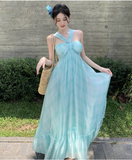 Simple Fashion Mint Green Ruffled Hem Design A-line Beach Holiday Halter Dress HZ1024