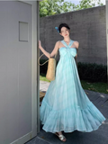 Simple Fashion Mint Green Ruffled Hem Design A-line Beach Holiday Halter Dress HZ1024