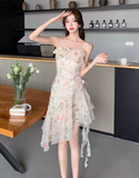 New Fashion Floral Irregular Ruffled Hem Design Elegant A-line Spaghetti Strap Dress HZ1024
