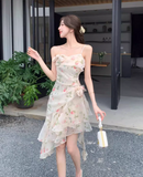 New Fashion Floral Irregular Ruffled Hem Design Elegant A-line Spaghetti Strap Dress HZ1024