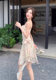 New Fashion Floral Irregular Ruffled Hem Design Elegant A-line Spaghetti Strap Dress HZ1024