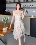 New Fashion Floral Irregular Ruffled Hem Design Elegant A-line Spaghetti Strap Dress HZ1024