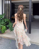 New Fashion Floral Irregular Ruffled Hem Design Elegant A-line Spaghetti Strap Dress HZ1024