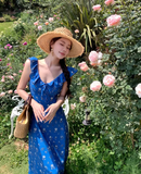 New Fashion Navy Blue Floral Design Elegant Beach Holiday A-line Sleeveless Women Dress HZ1024