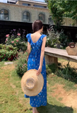 New Fashion Navy Blue Floral Design Elegant Beach Holiday A-line Sleeveless Women Dress HZ1024