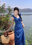 New Fashion Navy Blue Floral Design Elegant Beach Holiday A-line Sleeveless Women Dress HZ1024