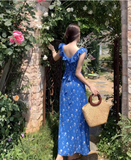 New Fashion Navy Blue Floral Design Elegant Beach Holiday A-line Sleeveless Women Dress HZ1024