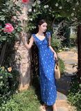 New Fashion Navy Blue Floral Design Elegant Beach Holiday A-line Sleeveless Women Dress HZ1024
