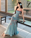 New Fashion Blue Mermaid Floral Design A-line Spaghetti Strap Dress HZ1024