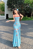 New Fashion Blue Mermaid Floral Design A-line Spaghetti Strap Dress HZ1024