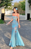 New Fashion Blue Mermaid Floral Design A-line Spaghetti Strap Dress HZ1024