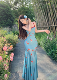 New Fashion Blue Mermaid Floral Design A-line Spaghetti Strap Dress HZ1024