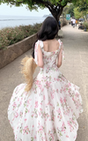 Simple Fashion Pink Floral Design A-line Beach Holiday Spaghetti Strap Dress HZ1024