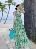New Fashion Green Floral Design A-line V-neck Beach Holiday Tiered Halter Dress HZ1024