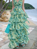 New Fashion Green Floral Design A-line V-neck Beach Holiday Tiered Halter Dress HZ1024