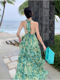 New Fashion Green Floral Design A-line V-neck Beach Holiday Tiered Halter Dress HZ1024
