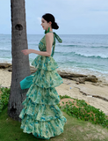 New Fashion Green Floral Design A-line V-neck Beach Holiday Tiered Halter Dress HZ1024