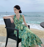 New Fashion Green Floral Design A-line V-neck Beach Holiday Tiered Halter Dress HZ1024