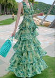 New Fashion Green Floral Design A-line V-neck Beach Holiday Tiered Halter Dress HZ1024