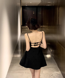 Cute Black Spaghetti Strap Backless Bow Design A-line Lace Homecoming Dress HZ1024