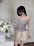 Fashion Sparkly Sequin Tulle Design A-line Strapless Tiered Homecoming Dress HZ1024