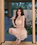 New Style Champagne Appliqued Floral Design A-line Spaghetti Strap Homecoming Dress HZ1024