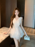 New Style White Tulle V-neck Design A-line Sleeevless Homecoming Dress HZ1024