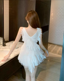 New Style White Tulle V-neck Design A-line Sleeevless Homecoming Dress HZ1024