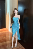 Fashion Blue Sequin Split Dress Design A-line Sleeveless Strapless Homecoming Dress HZ1024