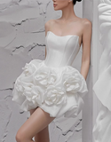Vintage White 3D Flower A-line Satin Strapless Party Dresses Homecoming Dresses, HZ1024