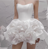 Vintage White 3D Flower A-line Satin Strapless Party Dresses Homecoming Dresses, HZ1024