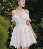 Vintage White Spaghetti Strap Appliqued A-line Party Dresses Homecoming Dresses, HZ1024