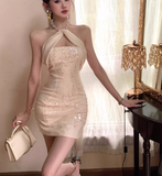 Fashion Champagne Sequin Design A-line Party Halter Dress Homecoming Dress HZ1024