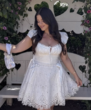 Fashion White Lace Short-sleeved Design A-line Party Dress Homecoming Dress HZ1024