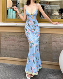 Vintage Blue Floral V-neck Spaghetti Strap Design A-line Party Dress HZ1024