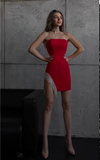 New Red Strapless Silver Tassel Design Sheath Party Dress Homecoming Dress HZ1024
