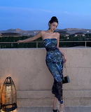 New Fashion Floral Strapless Design Sheath Women Party Dress HZ1024